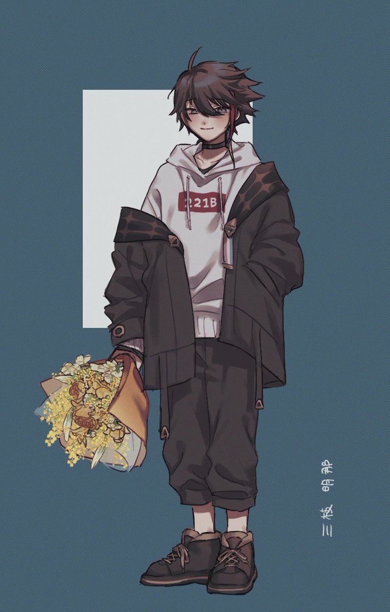 male focus solo 1boy bouquet white hoodie flower hood  illustration images