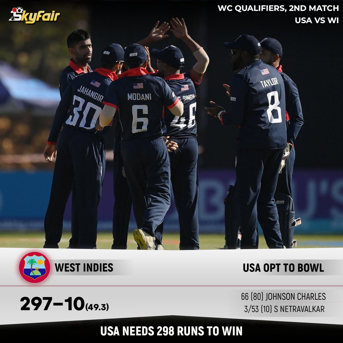 Nepal achieves their third highest total in ODIs, showcasing their batting prowess and determination. 
Meanwhile, West Indies put up a formidable fight, setting a challenging target of 297 runs. Let the chase begin!

#WIvsUSA #WestIndies #ZIMvsNEP #ODI #WorldCup #WCQualifiers