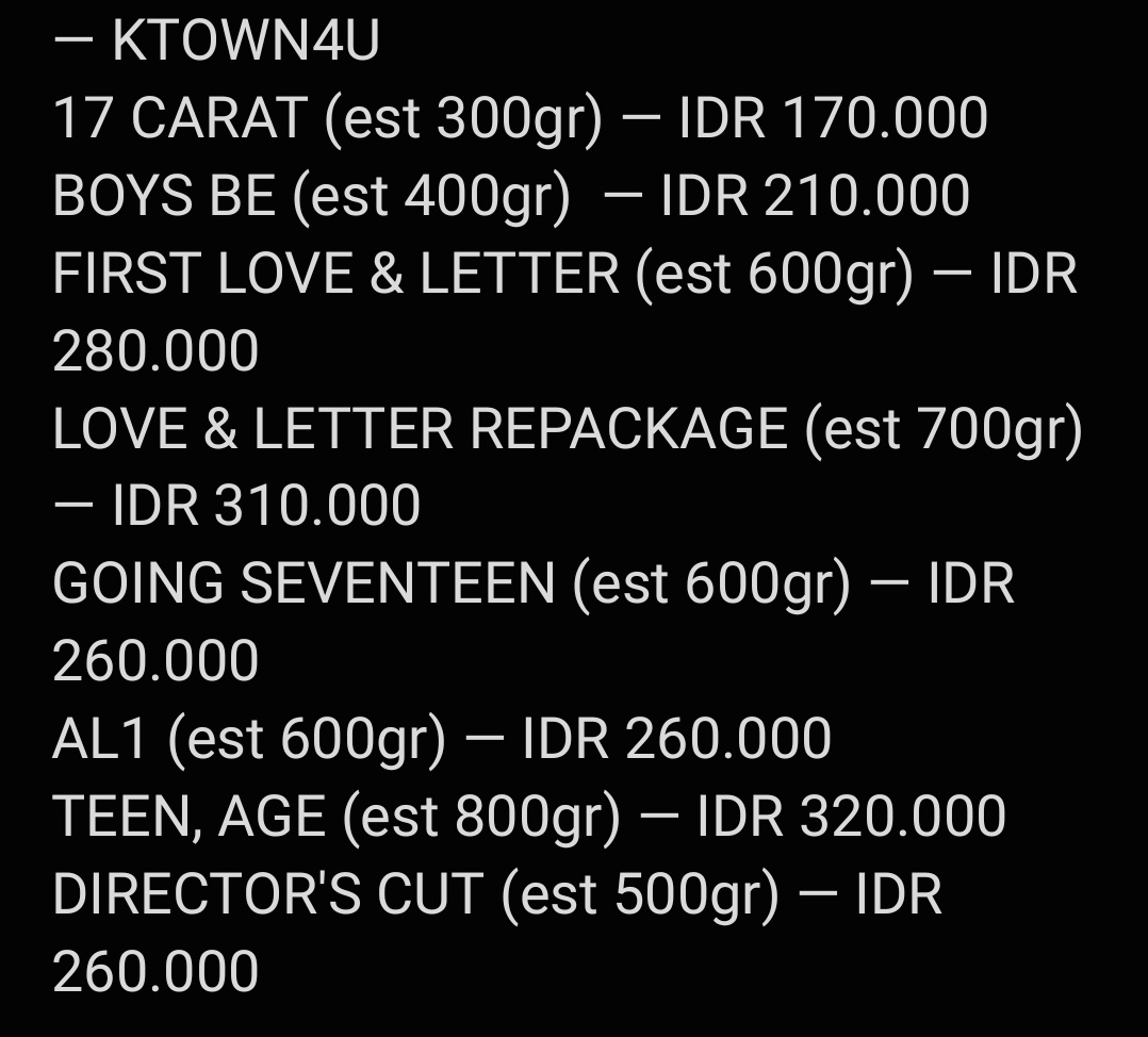 [PRE ORDER] SEVENTEEN ALBUM RE-RELEASE

Release Date ~ 26 Jun 23

— 17 Carat, Love&amp;Letter repack, Boys Be, Going Seventeen, First Love and Letter, Teen Age, Director's Cut, AI1

💰 Fullpay / DP 50% / Start Cicilan 50K
✈️Inc est EMS+TAX
📦Safe packing
📍Jakarta
📅Close: 22 Jun
