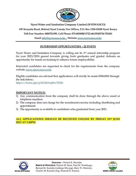 Advertisement of Internship Opportunities.

nyewasco.co.ke/media-section/…  
Kindly apply.
#nyericounty #nyewasco