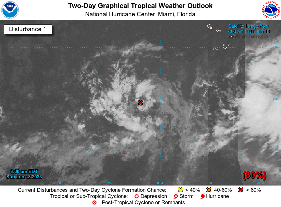 NHC_Atlantic's tweet photo. 6/18 8am: NHC continues to watch a tropical wave (#AL92) over the eastern Atlantic that is showing signs of organization. A tropical depression is likely to form over the next day or two while it moves westward across the central tropical Atlantic. More: https://t.co/tW4KeGe9uJ https://t.co/8MYycsoePc