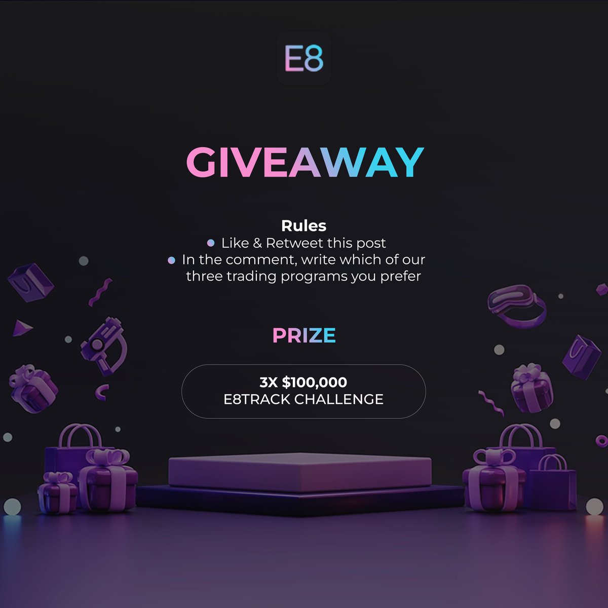 Let's start a trading week with an E8 Funding giveaway 😎

Prize: 3x $100,000 E8Track challenge

➡️ Like & Retweet this post.
➡️ In the comment, write which of our three trading programs you prefer.

🏁 End date: 25.6.2023