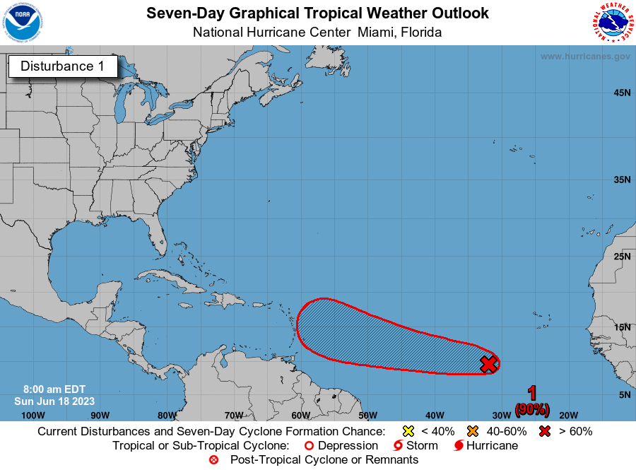 NHC_Atlantic's tweet photo. 6/18 8am: NHC continues to watch a tropical wave (#AL92) over the eastern Atlantic that is showing signs of organization. A tropical depression is likely to form over the next day or two while it moves westward across the central tropical Atlantic. More: https://t.co/tW4KeGe9uJ https://t.co/8MYycsoePc