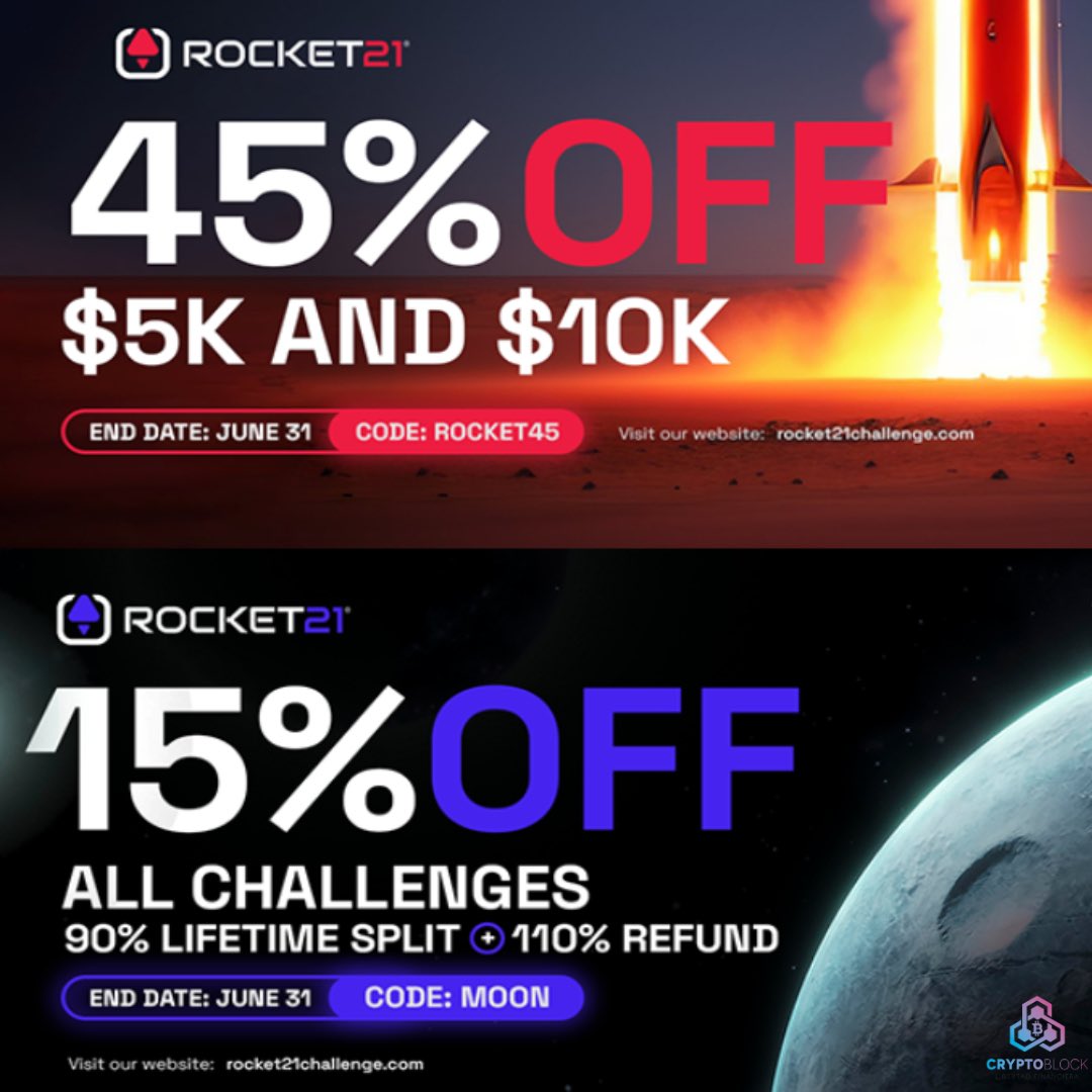 CryptoblockLF's tweet image. ✨ Código promocional para cuentas fondeadas: ROCKET45
✨ Código promocional para desafíos: MOON

#Rocket21 #Inversiones #Startups #Descuento #Promoción #Desafíos #Oportunidad #Crecimiento #Emprendimiento #cryptoblockoficial