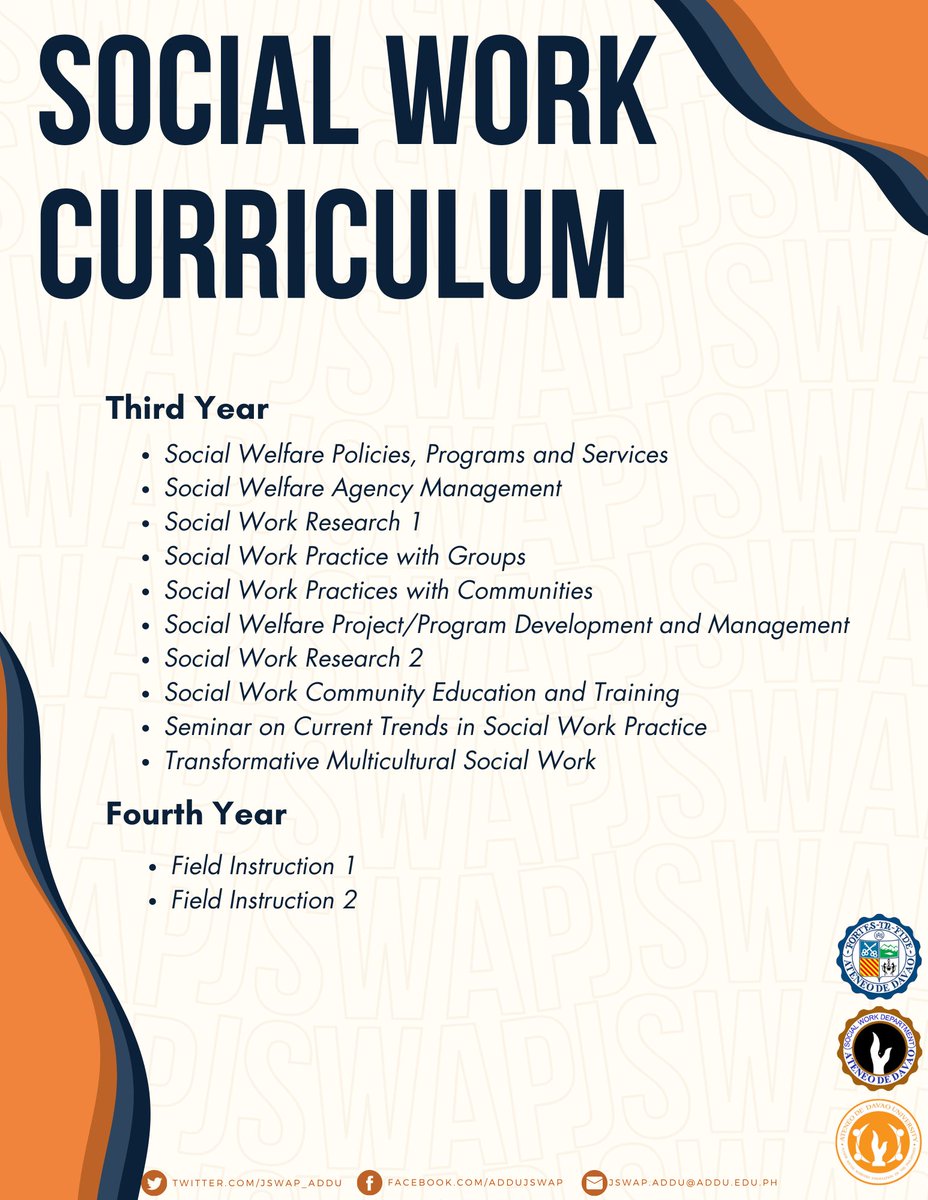 JSWAP_AdDU's tweet photo. Hello incoming first-year! Curious ka ba what subjects to take on your way to becoming a BS Social Work Degree holder? 😊

Here's an overview of the 4-year-curriculum of the AdDU BS Social Work. Anona?! Arat na! ☺️🤭
------------------------------------- https://t.co/HHAVZJW22a