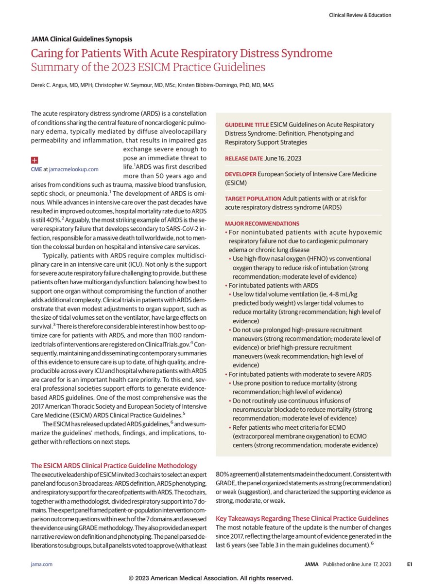 New guidelines on Acute Respiratory Distress Syndrome #ARDS from @ESICM were published Friday in @yourICM link.springer.com/article/10.100… Derek Angus @seymoc @PittCCM & I summarize the highlights & offer reflections in this JAMA Clinical Guideline Synopsis jamanetwork.com/journals/jama/…