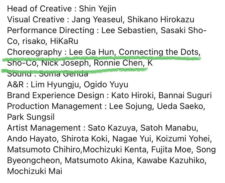 By i mean sequence is this 
I also look for perm director & choreographer..
LGH previous work is fever & gv n take by enhypen
Shoco more fluid with contemporer style, Nick Joshep is more poppin & hiphop
Lee sebastien work including lesserafim ++