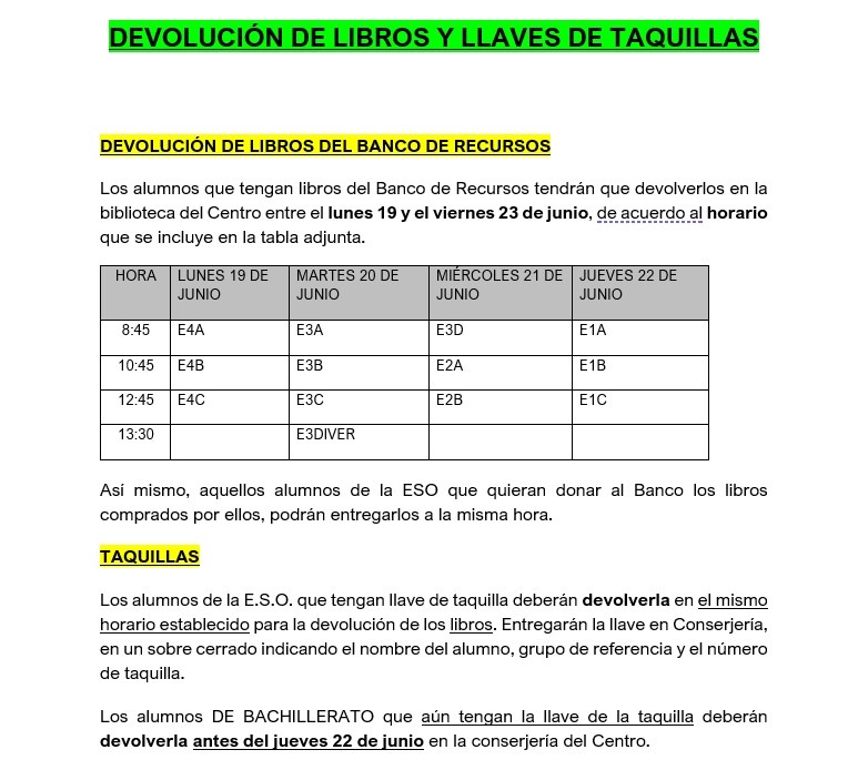 Mañana 19 de junio 2023 comienza la devolución de libros del #bancoderecursos. Consulta el horario! Y también devolución de llaves de taquillas.