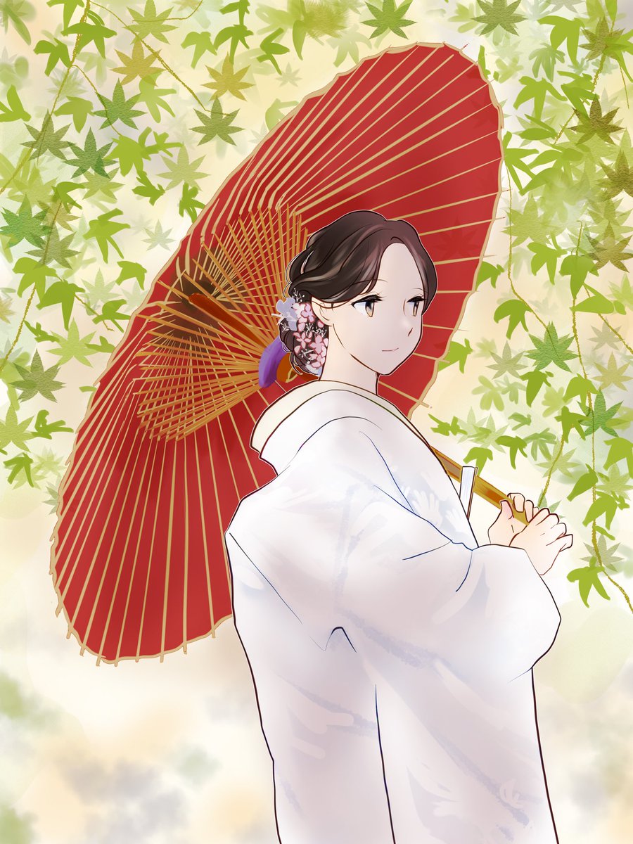 1girl umbrella japanese clothes solo kimono oil-paper umbrella hair ornament  illustration images