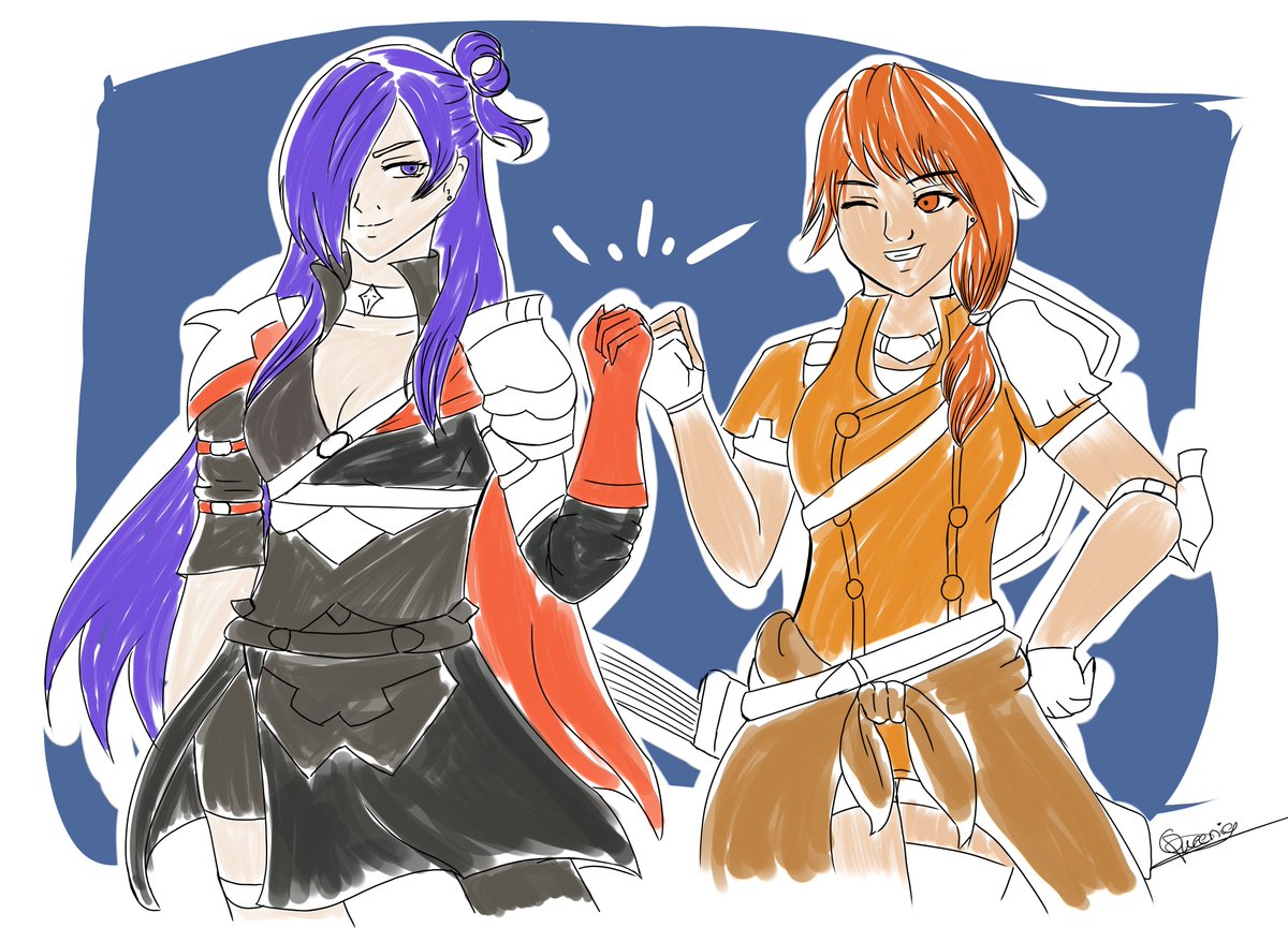 #ShezWeek Day 1 : Camaraderie
Just a coloured sketch of a fist bump between Shez and Leonie after a big fight 
#fanart #FireEmblem #FE3H