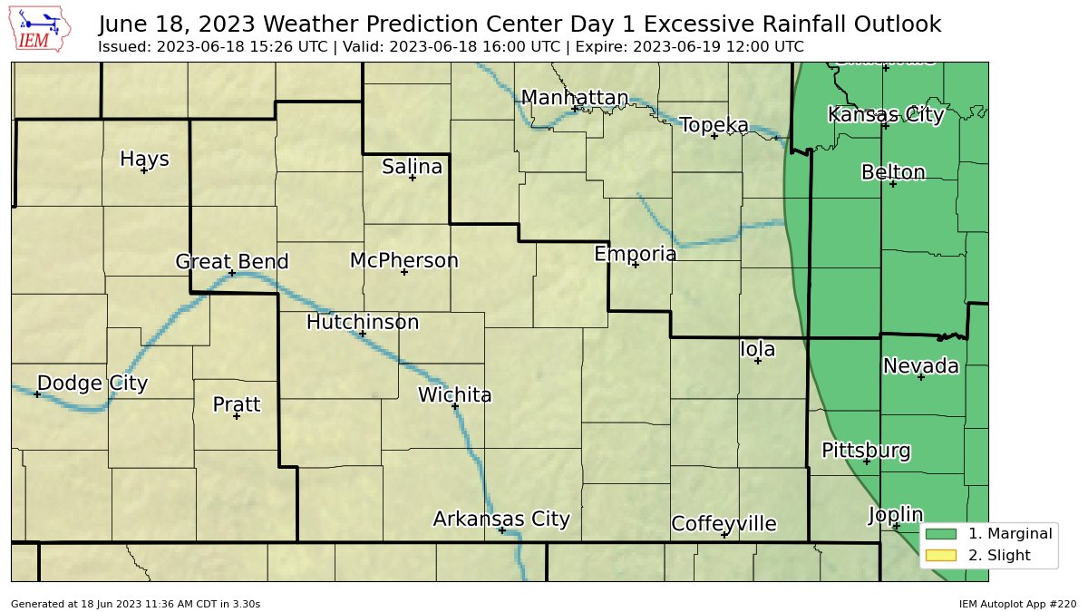 KSstormchasers's tweet photo. WPC issues Day 1 Marginal Risk Excessive Rainfall Outlook at Jun 18, 15:26z for ICT https://t.co/V56tWKCNXD https://t.co/q5IKRmhUau