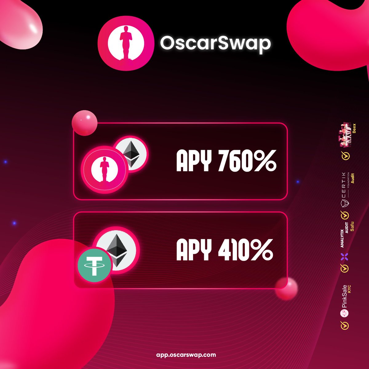💰$OSCAR Farming Pools Coming Soon on ETH Chain.

💰Farms Will be live after presale ends

💰Earn Massive rewards

1. Oscar-ETH - 760% APY
2. USDT-ETH - 410% APY

🌐app.oscarswap.com

#OSCARSWAP #OSCAR #ETH #USDT #Farming #Staking #Rewards