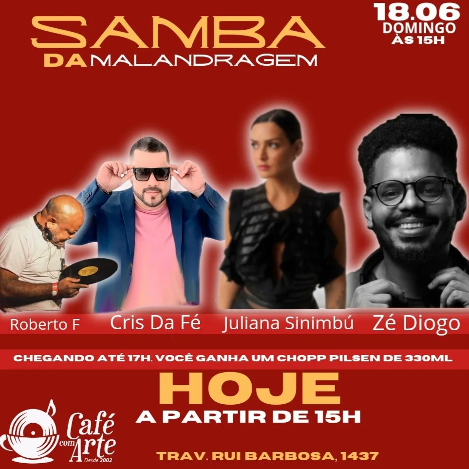 cafecomartepa's tweet photo. 🛑Domingo 18.06 Samba da Malandragem#3
Hoje é dia de samba no nosso quintal.
🍺Chegando até 17h, você ganha um chopp pilsen.
Nossa roda de samba será comandada pelo @vai_ter_diogo @julianasinimbu crisdafé. Eita que será linda essa roda.
#vemprosamba #quintal #cafecomarte https://t.co/GOsjvzCwio