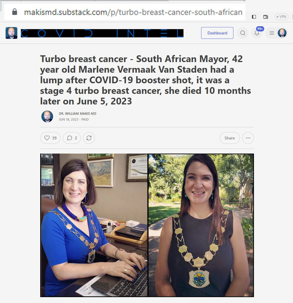 NEW ARTICLE - Turbo breast cancer - South African Mayor, 42 yo Marlene Vermaak Van Staden had a lump after COVID-19 mRNA vaccine booster, it was stage 4 turbo breast cancer, she died 10 months later on June 5, 2023

Turbo breast cancers on the rise!

#DiedSuddenly #cdnpoli #ableg
