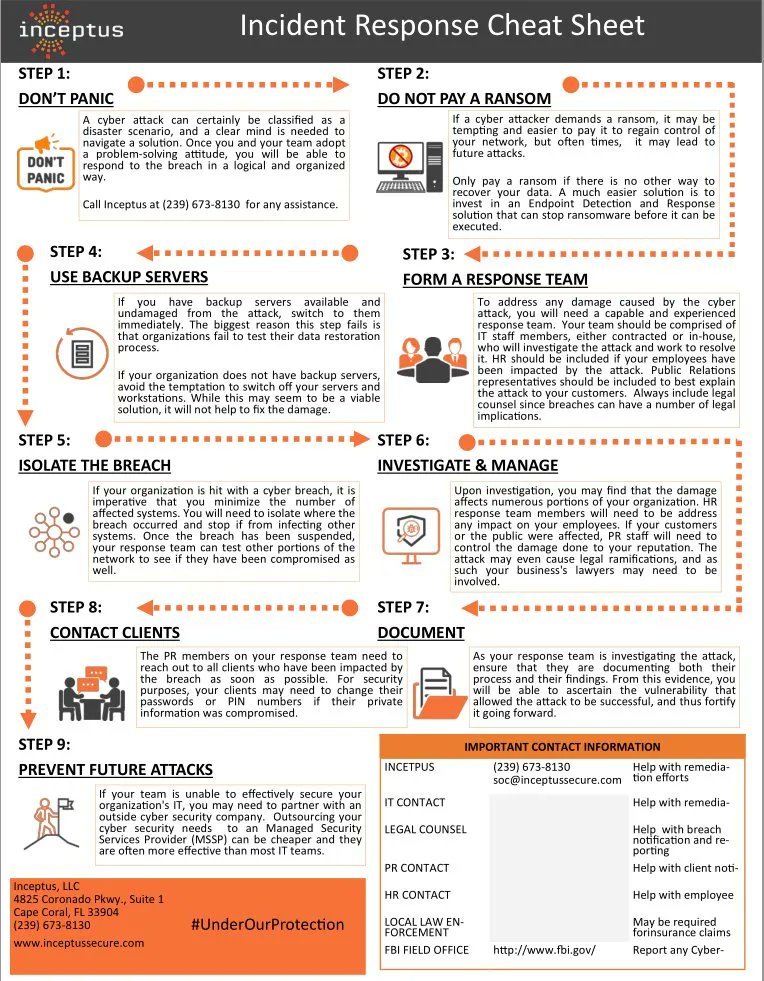 Incident Response Cheat Sheet

#cybersecurity #pentesting #informationsecurity #hacking #DataSecurity #CyberSec #bugbountytips #Linux #websecurity #Network #NetworkSecurity #cybersecurityawareness