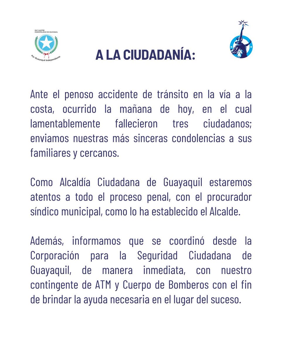 alcaldiagye's tweet image. Ante el lamentable accidente de tránsito ocurrido en vía a la costa, informamos a la ciudadanía: