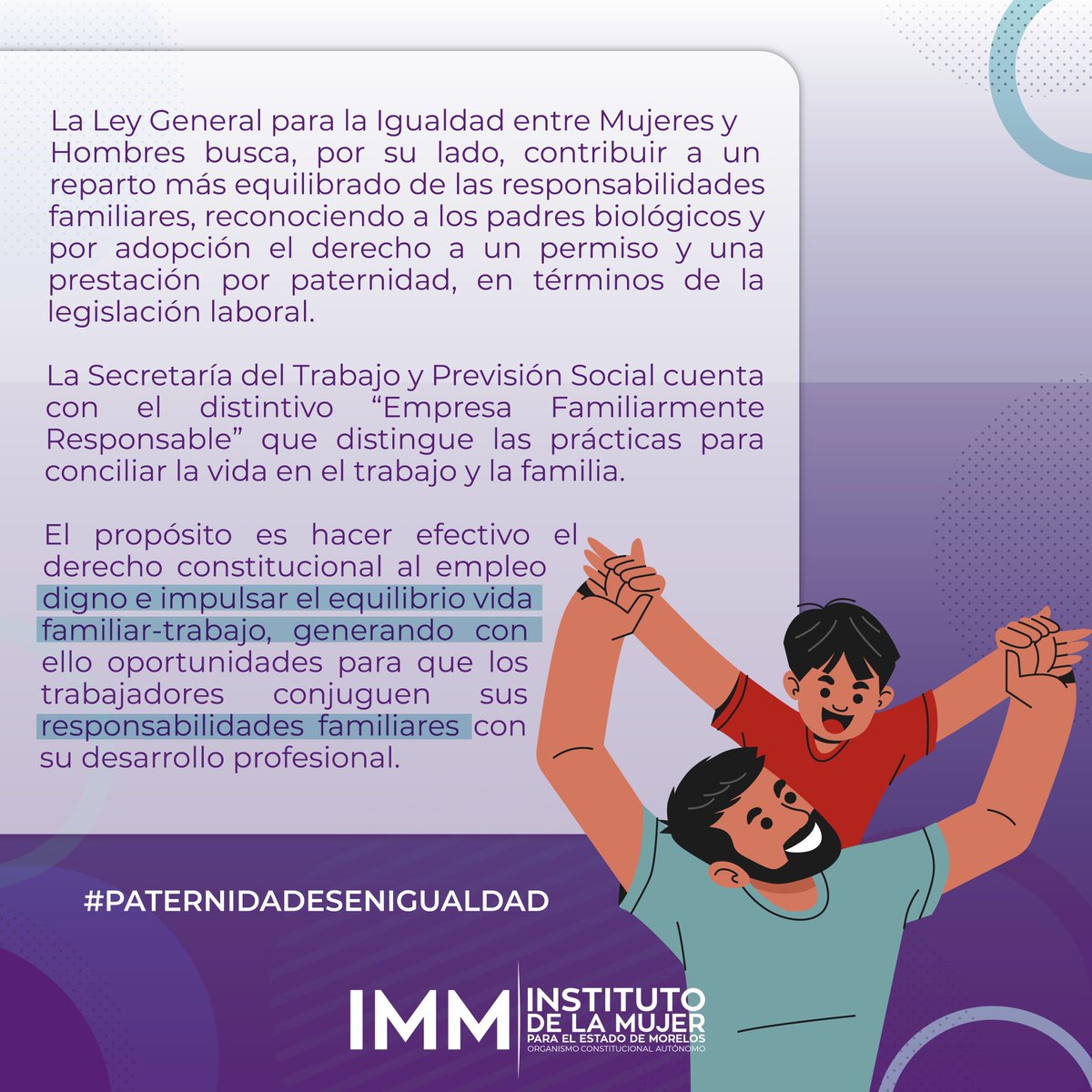 Hoy en este #DíaDelPadre es importante hablar de #PaternidadesEnIgualdad.

Una #PaternidadResponsable promueve hogares igualitarios y sin violencia.

¿Qué hace el Estado para promover estas paternidades? 👉