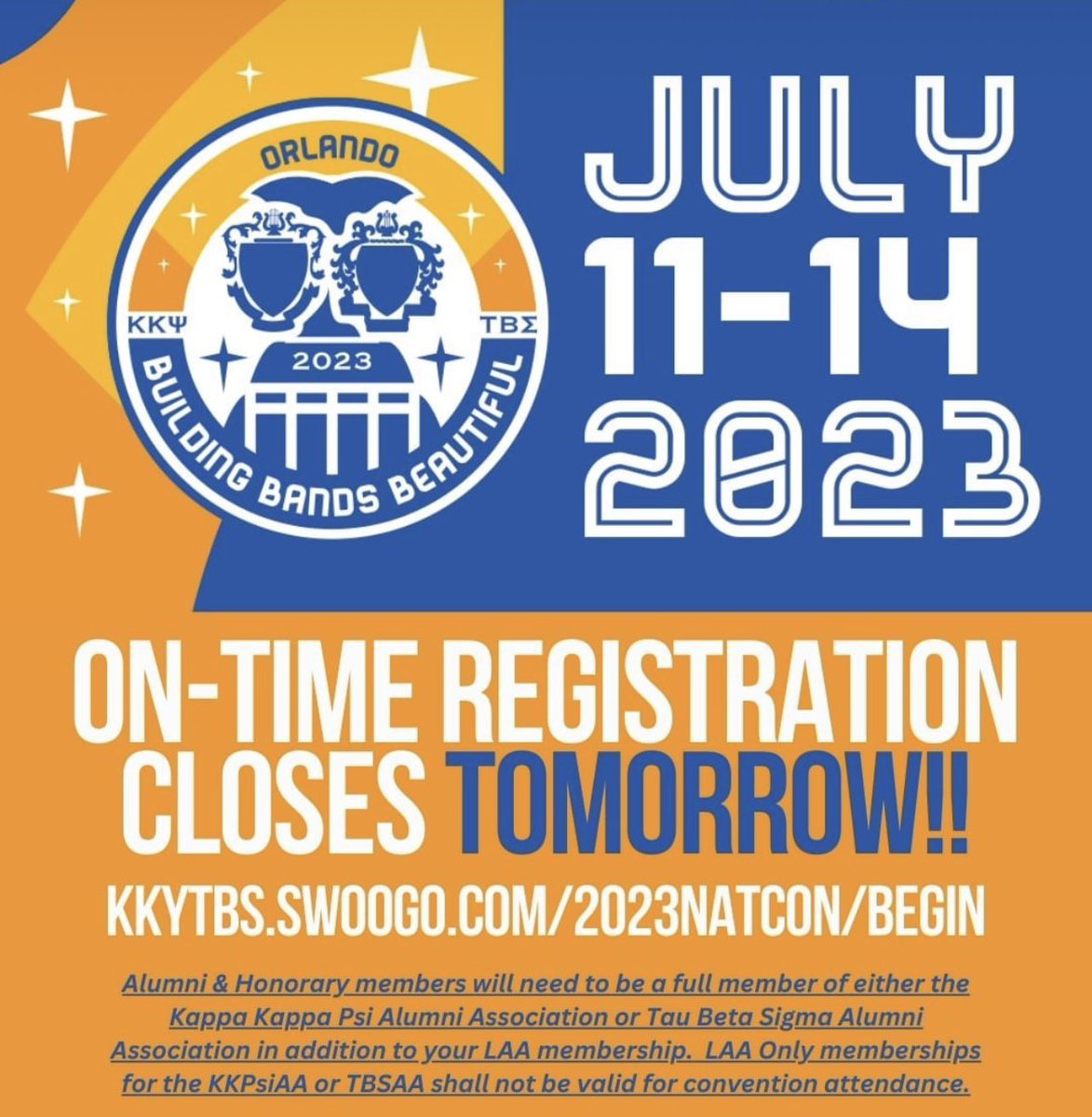 To all my Kappa Kappa Psi and Tau Beta Sigma family! On time registration ends tomorrow!! If you’re attending National Convention, please get that done asap. Avoid late fees y’all! 
.
Link: kkytbs.swoogo.com/2023natcon/beg…
——
#KKPsi #TBSigma #NatCon23