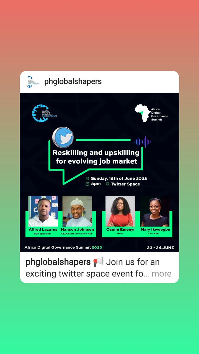 Join the ADGS Pre-summit Twitter spaces || Sunday, 18th June 2023 || 8pm

THEME: Reskilling and Upskilling for Evolving Job Market 

Hosted by: @phglobalshapers

#ADGS2023 #TwitterSpaces #Reskilling #Upskilling
twitter.com/i/spaces/1nAJE…