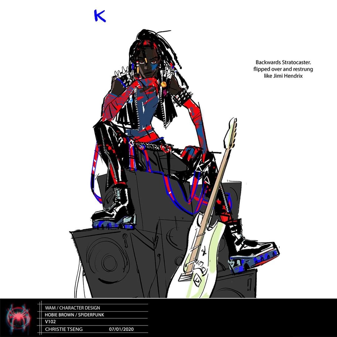 croissantmusain's tweet photo. Hobie Brown 🎸💥 concept art by Christie Tseng. https://t.co/XBj4RrQmE1