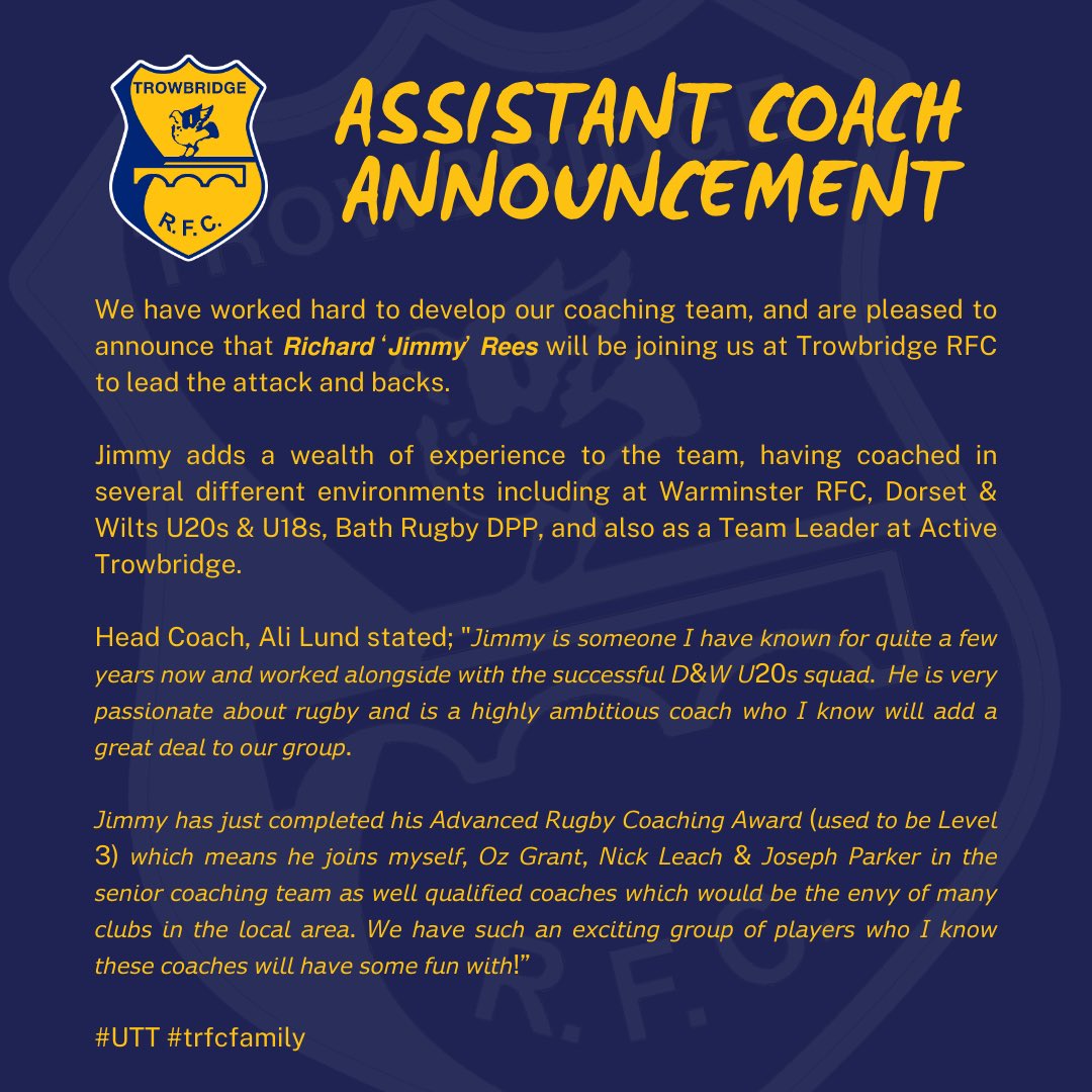 TrowbridgeRugby's tweet photo. 💬 𝗔𝗦𝗦𝗜𝗦𝗧𝗔𝗡𝗧 𝗖𝗢𝗔𝗖𝗛 𝗔𝗡𝗡𝗢𝗨𝗡𝗖𝗘𝗠𝗘𝗡𝗧 📣

#UTT #trfcfamily https://t.co/NHf3YsN2Io