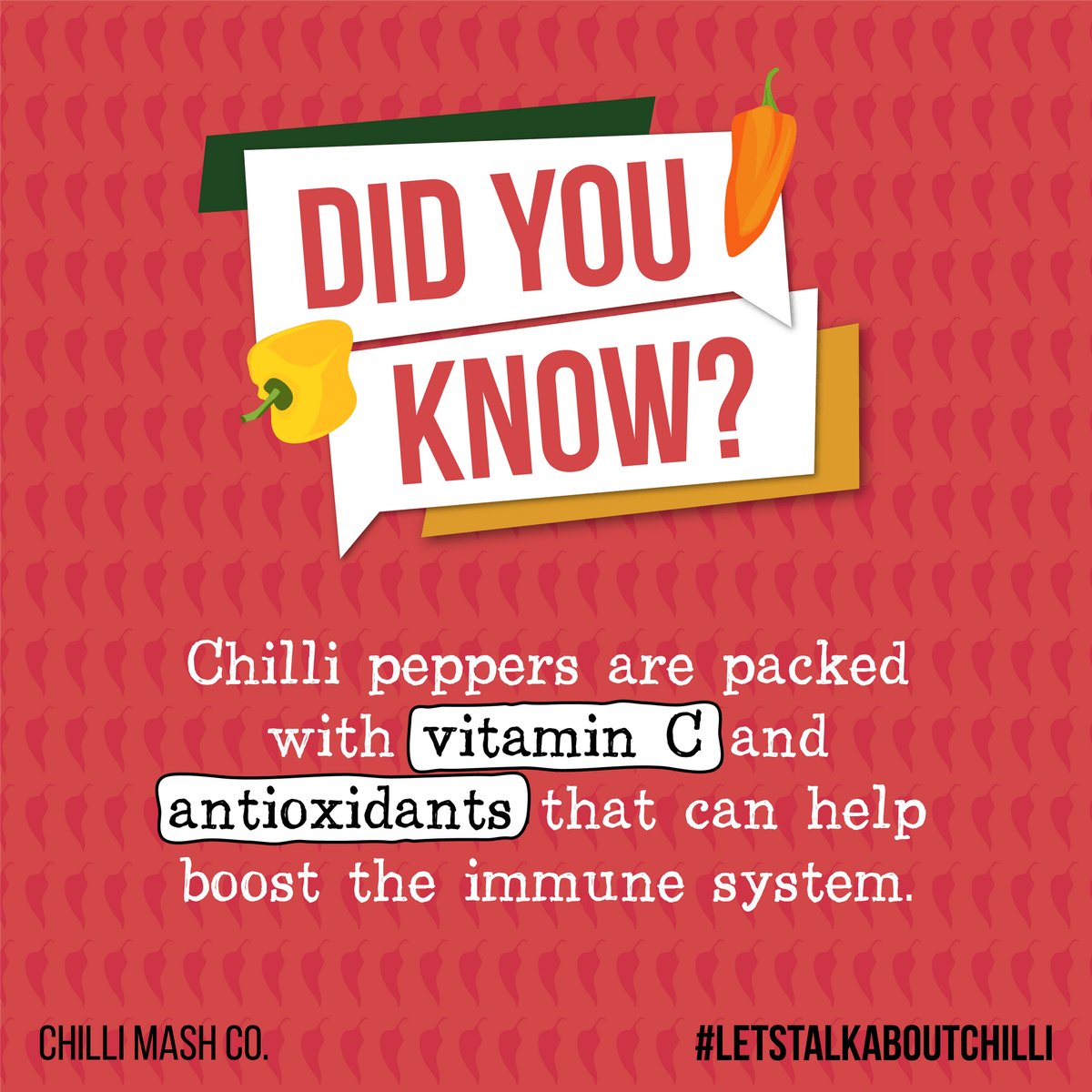 Did You Know? Raw chilli peppers are packed with vitamin C and antioxidants which can help boost the immune system! Learn more chillimashcompany.com/crowdfunding-c… (Link also in Bio) #letstalkaboutchilli #vitaminc #antioxidants #chilli #chillipepper #hotpepper #rawfood