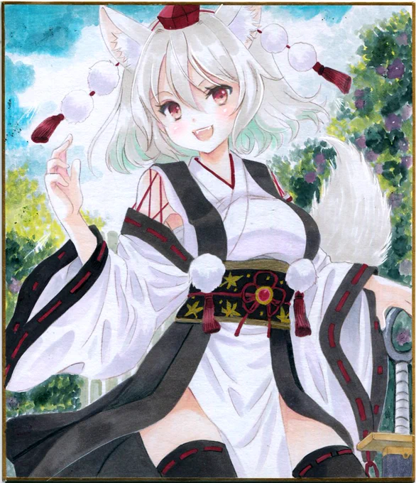 先週のアナログ絵の成果 椛2枚(カラー&モノクロ)、正邪(再生産)、魅魔(東方旧作)