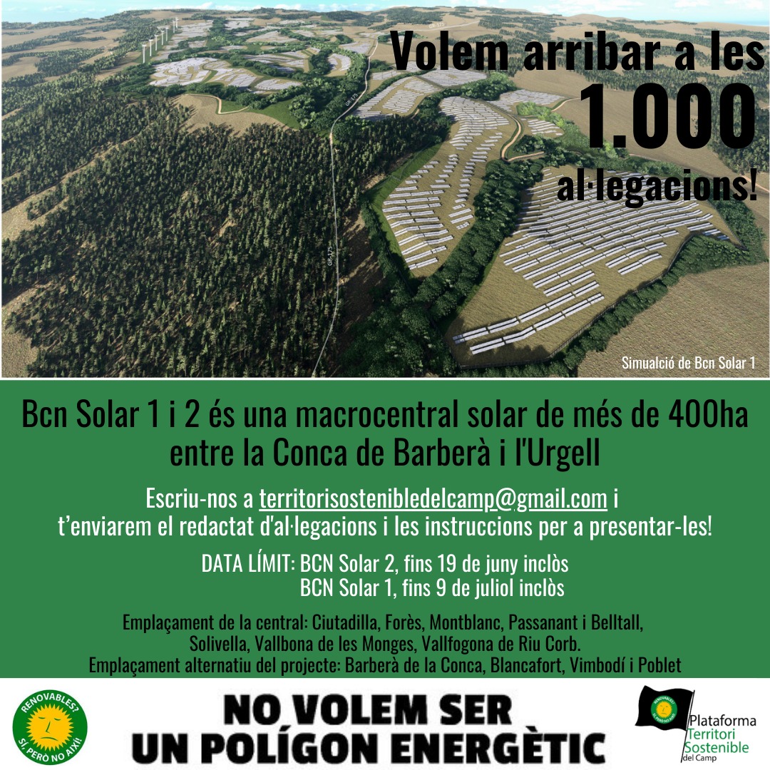 CampDePlaquesNO's tweet photo. ⚠️En solidaritat amb els pobles de la Conca i l'Urgell, ens sumem a la CRIDA URGENT x presentar al·legacions a les #macrocentrals de +400ha #BCNSolar 1&amp;2!!
🔗Instruccions: https://t.co/swYMPYTVQK
⌛️Fins demà 19/6 (BCNSolar2) i 9/7 (BCNSolar1)
 👉🏽Recompte: https://t.co/SF5K24uqtu https://t.co/80oAp9Ln8C