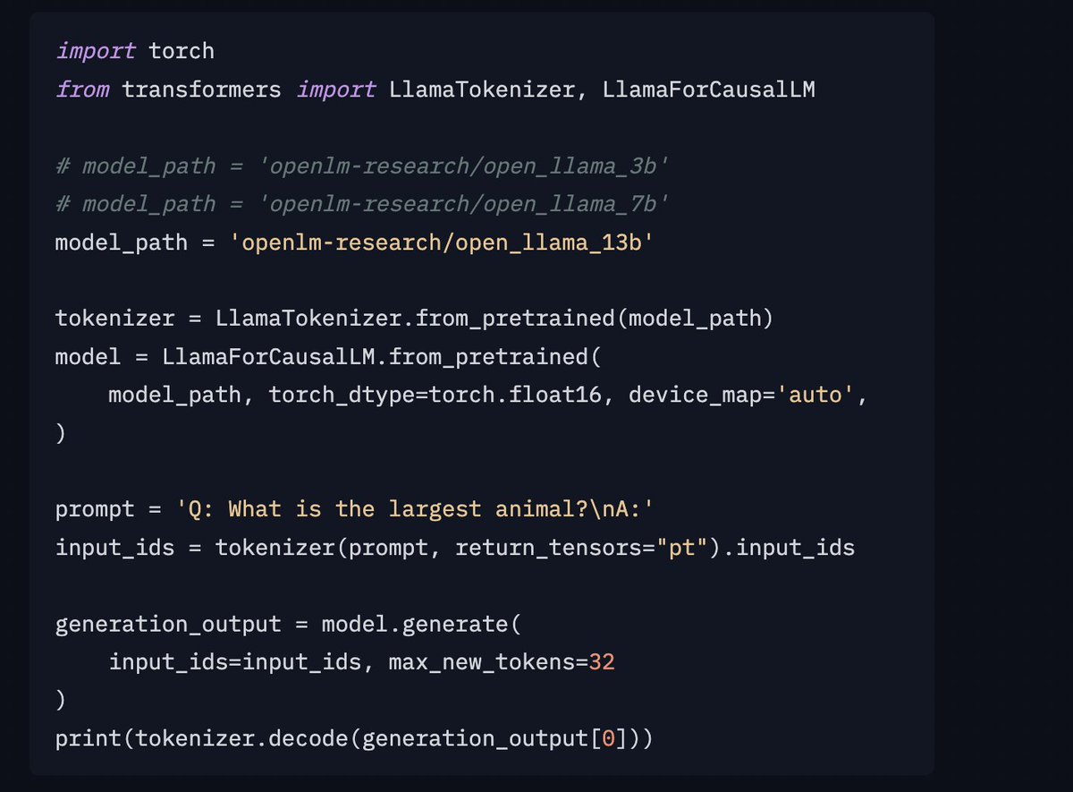 _akhaliq's tweet photo. OpenLLaMA 13B Released

model: https://t.co/n1vUb2I9wx

present a permissively licensed open source reproduction of Meta AI's LLaMA large language model. We are releasing 3B, 7B and 13B models trained on 1T tokens. We provide PyTorch and JAX weights of pre-trained OpenLLaMA models, as well as evaluation results and comparison against the original LLaMA models.