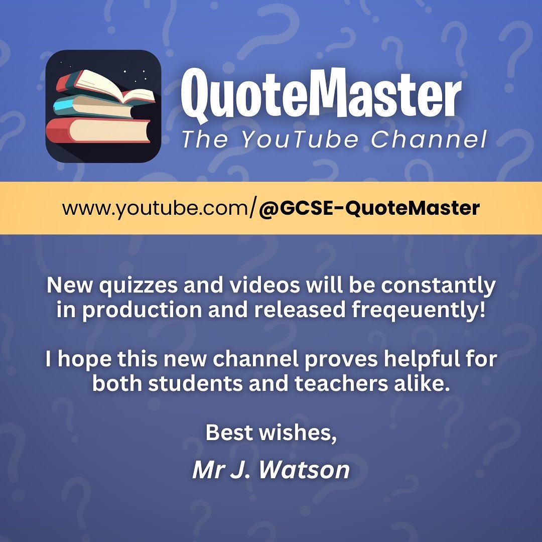 EngWithWatson's tweet photo. New YouTube Channel:

🤔 Real-time video quizzes.
📚 Questions to support #GCSEEnglish study.
✏️ Teachers can use as a #DoNow/#Plenary that assesses students’ knowledge.
👨🏻‍🎓 Students can use for #IndependentStudy to evaluate own understanding.

🔗 https://t.co/MVj9A5PHkb https://t.co/ds2YR0VVvy