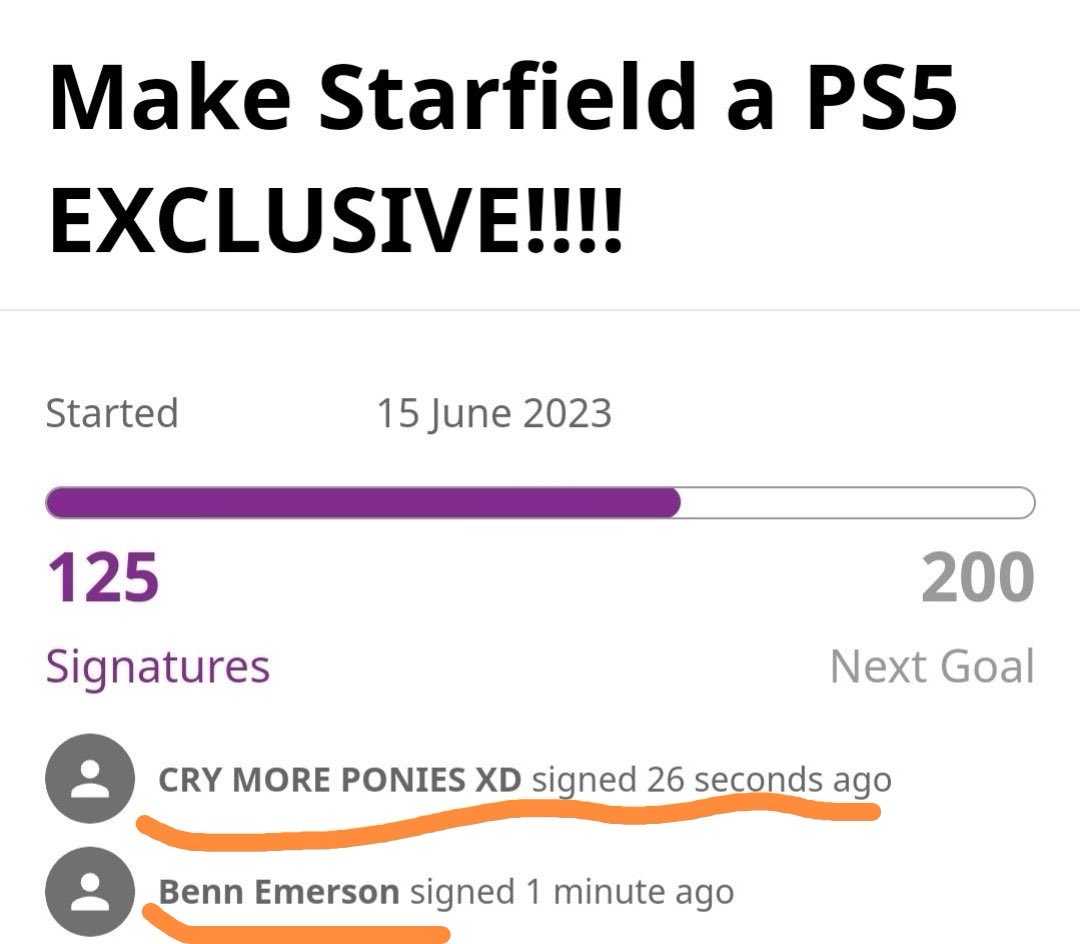 A Starfield PS5 petition started by an Xbox gamer that’s gaining traction from more Xbox gamers just to make PlayStation gamers look bad🤭

Mental gymnastics just to make Starfield look super enticing, which is yet to be proven

If it’s really GOTY material, go play it on GP!😒