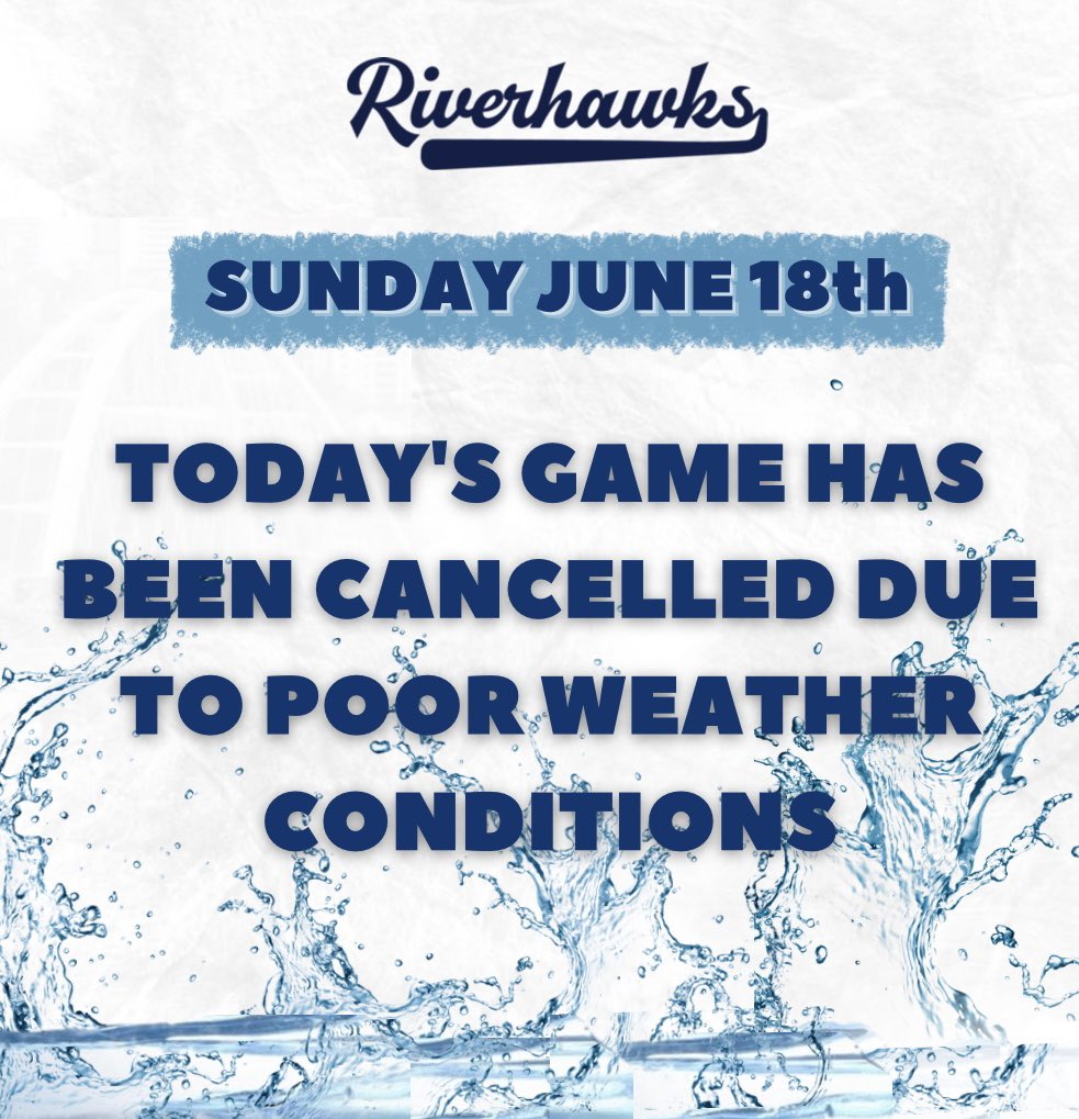 EdmRiverhawks's tweet photo. 🚨Today’s Riverhawks game has unfortunately been cancelled due to poor weather conditions.

A makeup game will be rescheduled 𝐢𝐧 𝐍𝐚𝐧𝐚𝐢𝐦𝐨 within the days of June 23-June 25. https://t.co/nJp792DQ90