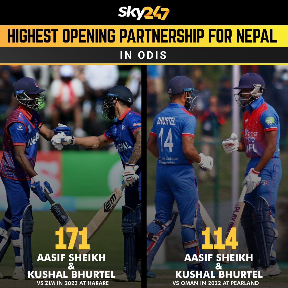 Aasif Sheikh and Kudhal Bhurtel registered the highest-ever opening partnership for Nepal in the World Cup qualifier match against Zimbabwe.

#AasifSheikh #KushalBhurtel #Cricket #Nepal #WCQualifiers #WorldCup #ODI #ZIMvsNEP #SKY247