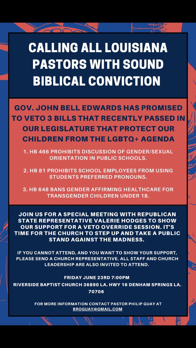 CALLING ALL LOUISIANA PASTORS!
#Vetooverride #lalege #HB648