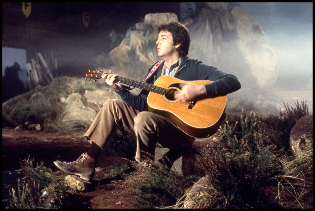 Paul McCartney on the set of the 'Mull Of Kintyre' video shoot, Elstree, 1977.