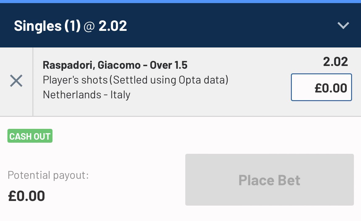 Netherlands vs Italy
Raspadori o1.5 shots
3u @ 2.02
BetUK