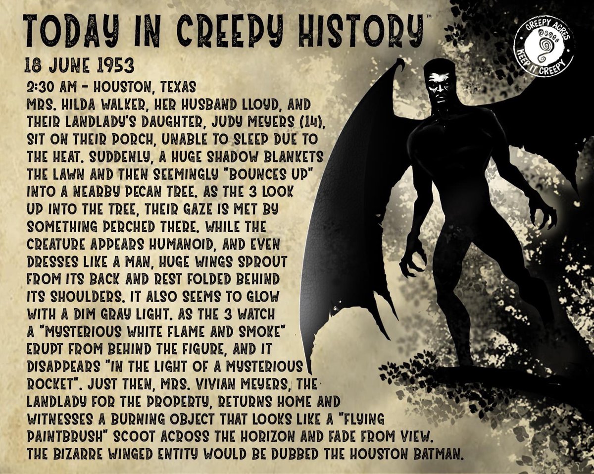 creepyacres's tweet photo. 70 years ago today marks the first sighting of what would eventually be known as the Houston Batman or the Houston Horror. What was the winged humanoid that swept over 3 unsuspecting citizens of Houston and left a town gripped in fear? Alien? Demon? something else? https://t.co/Hah23yglyR