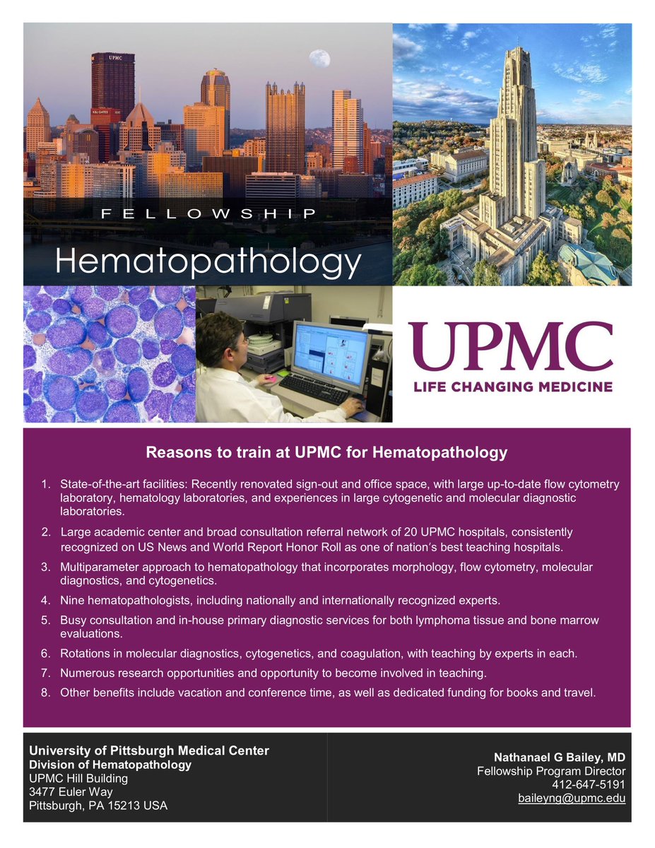 UPMCPath's tweet image. The Hematopathology Fellowship at @UPMCPath offers a robust exposure to many consultation and in-house cases with the mentorship of nationally and internationally recognized experts. Numerous research and teaching opportunities are available. Many more reasons are listed below.