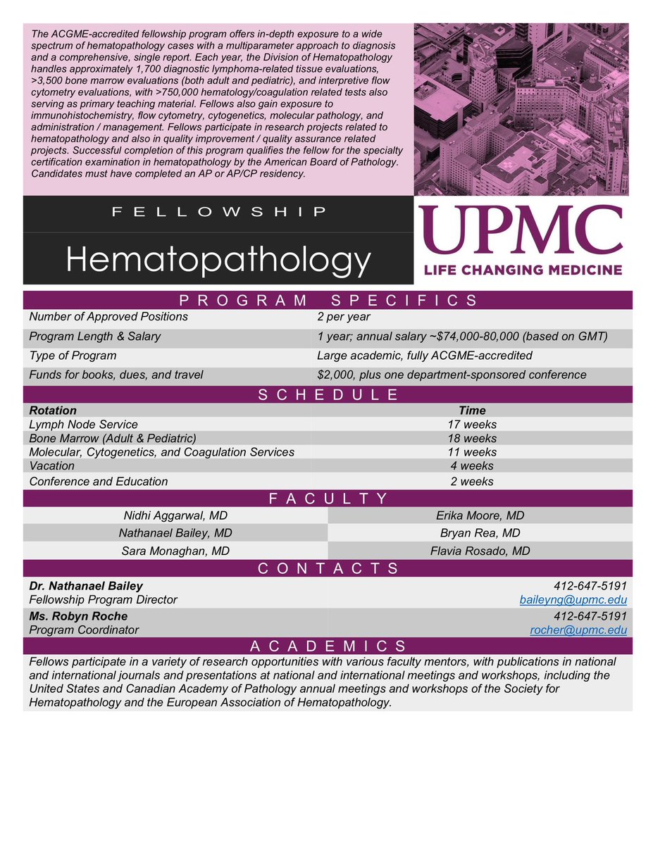 UPMCPath's tweet image. The Hematopathology Fellowship at @UPMCPath offers a robust exposure to many consultation and in-house cases with the mentorship of nationally and internationally recognized experts. Numerous research and teaching opportunities are available. Many more reasons are listed below.