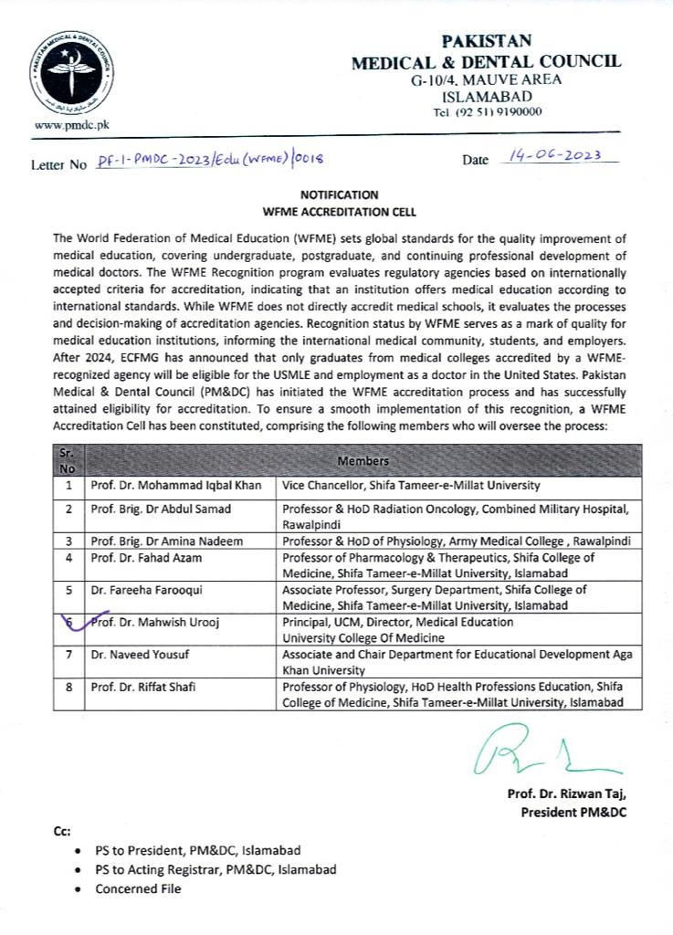 We congratulate Prof. Dr. Amina Nadeem, Dr. Fareeha Farooqui, Prof. Dr. @AroojMahwish , and Prof. Dr. Riffat Shafi on their selection as part of the @wfmeorg Accreditation Cell for accreditation of medical and dental schools in Pakistan by PMDC, a panel comprised of 50% women.