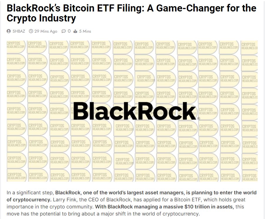 #BlackRock’s Bitcoin #ETF Filing: A Game-Changer for the Crypto Industry.

cryptosheadlines.com/blackrocks-bit…

#Bitcoin #Crypto #CryptoNews #CryptocurrencyNews #NFT #Web3 #Blockchain #BlackRock #BlackRockETF #BlackRockBitcoinETF