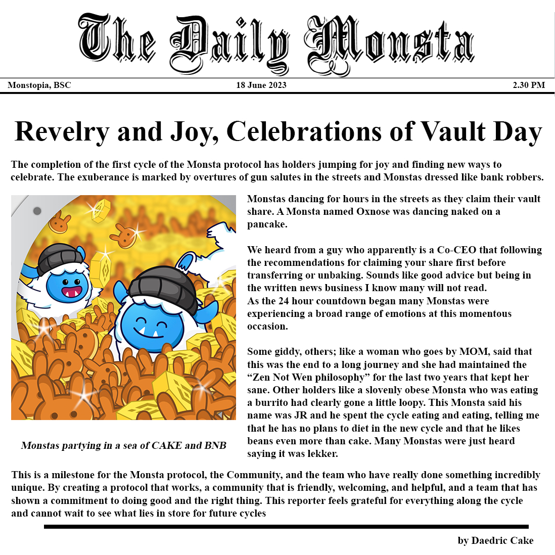 📰 The Daily Monsta 📰 (@thedailymonsta) on Twitter photo Today is the day that <a href="/thecakemnstr/">Cake Monster</a> Vault opens and all $MONSTA holders get $CAKE and $BNB rewards. #CryptoNews Today is the day that <a href="/thecakemnstr/">Cake Monster</a> Vault opens and all $MONSTA holders get $CAKE and $BNB rewards. #CryptoNews