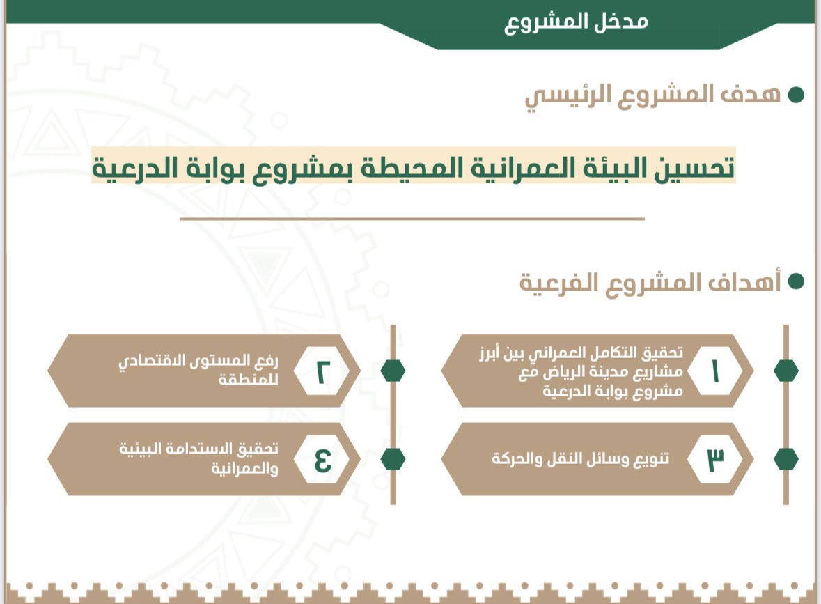 coo9e's tweet photo. " هدف المشروع الرئيسي هو تحسين البيئة العمرانية المحيطة بمشروع بوابة الدرعية "

الأهداف الفرعية : 
• تحقيق التكامل العمراني بين أبرز المشاريع .
• رفع المستوى الاقتصادي للمنطقة .
• تنوع وسائل النقل و الحركة .
• تحقيق الاستدامه البيئية و العمرانية . 

(٣-٤) https://t.co/AfJeEgkwIb
