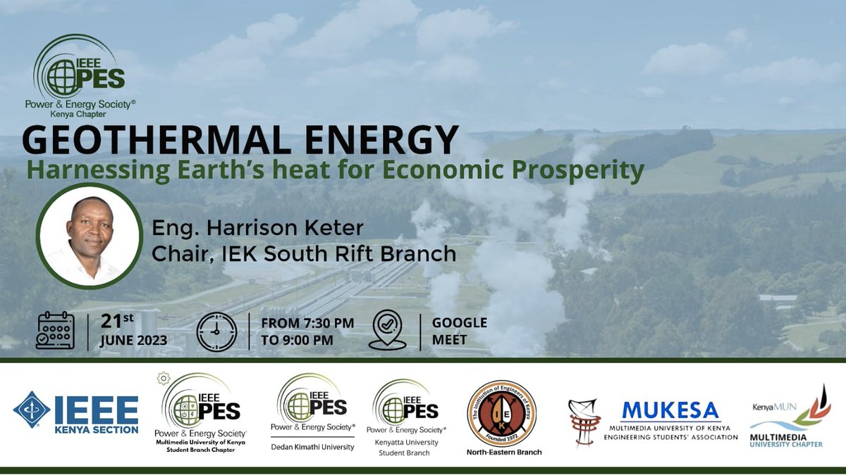 📲🌍 *GEOTHERMAL ENERGY WEBINAR:*
*HARNESSING EARTH'S HEAT FOR ECONOMIC PROSPERITY* 🌋🔌

Speaker: Eng. Harrison Keter, PE, MIEK. 
📅 Date: 21st June, 2023.
⏰ Time: 7:30pm - 9:00pm.
📍 Venue: Google Meets (Virtual).
🔗 Registration link: 
bit.ly/Geothermal-IEE…