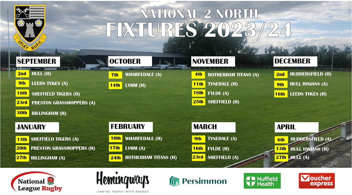 Fixtures for 2023- 24. Put the dates in your diary, cancel your holidays – it’s going to be a cracking season! Also watch this space for some pre-season friendlies TBC 🏉🏉

#Yorkshirerugby #Nat2n #Otley #Rugby #Otleyrugbyclub #RugbyUnion #Rugbygram #S66 #nationalleaguerugby