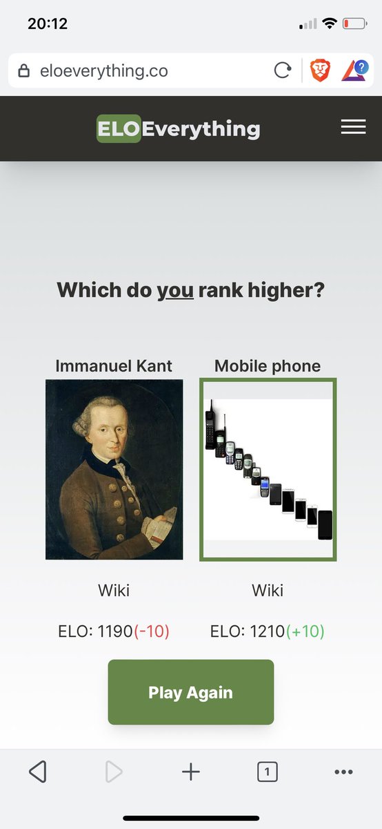 This weekend I hacked up something I’ve been going on about for weeks:
ELO EVERYTHING

- See two objects
- Pick which you like more
- Their ELOs adjust accordingly
- (Repeat)
- Check the leaderboard

(ELO is the ranking algorithm from chess)

Check it out! eloeverything.co