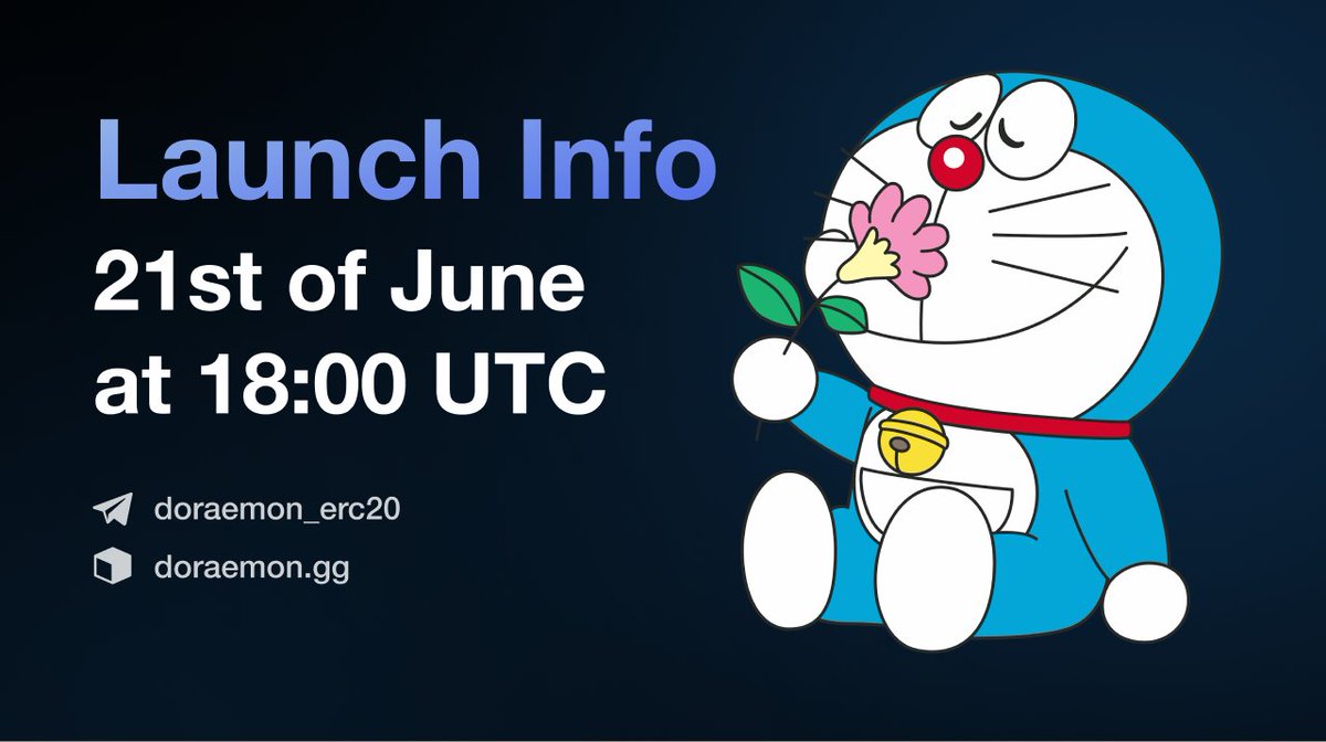 Get reaaaady for the #presale! 🏁 🗣 We are happy to announce the launch date of our pre-sale for which we have been preparing for 2 whole months. 🔥Launch info: 21 st JUNE at 18:00 UTC 🍪 Stage 1 price : 0.00003 eth = 1 dora 🌐 DApp for buy : doraemon.gg/dapp