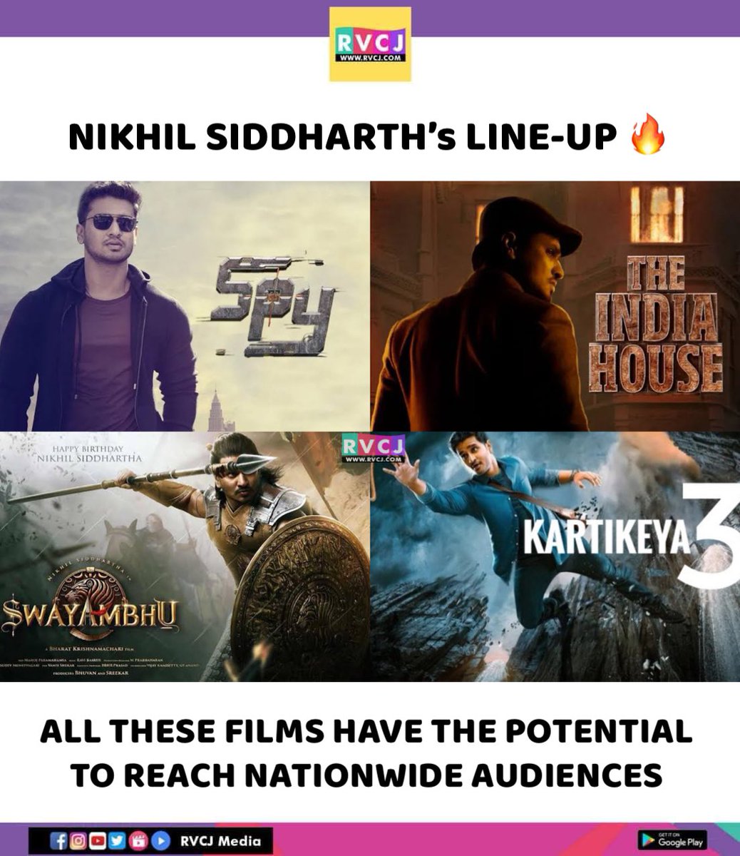 Amazing line-up 🔥
#NikhilSiddhartha #SPYMovie #theindiahouse #swayambhu #karthikeya3 #telugumovies #tollywood #rvcjmovies @actor_Nikhil