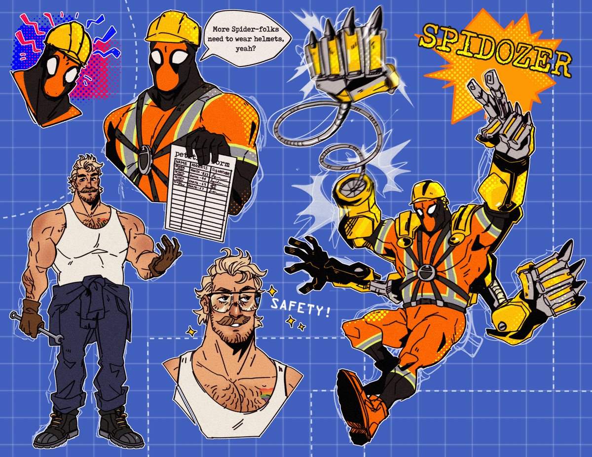 SPIDOZER
Blue collar worker bitten by a radioactive spider when loading unlabeled biohazardous material. 

His villains are corporations, and he fights for unions, worker's rights/safety, and corporate accountability.  

#spidersona #SpiderverseOC