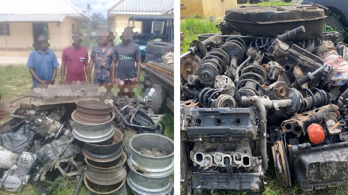 The suspect on black works at a car wash in Asaba, he stole a benz GLK he was paid to wash with the intention of selling it. He was arrested, and he led the police to Benin where the vehicle was recovered. The other four suspects are syndicate who steals vehicle, disassemble 1/2